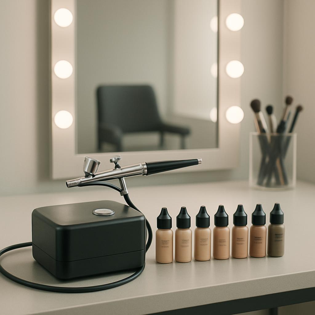 The image shows a makeup airbrush set on a white countertop. The airbrush is rendered in black and silver, with a sophisti...